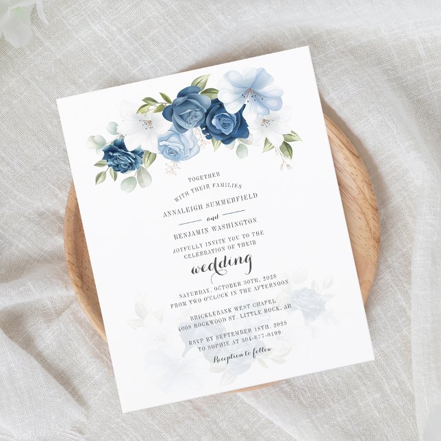 Inbjudan till Blommigt för Dusty Blue Script-bröll (Elegant Dusty Blue Floral Script Wedding Invitation)