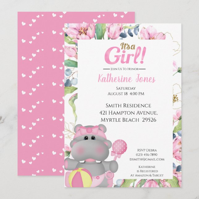 Inbjudan till Blommigt för Rosa-Hippo Baby Shower (Fram/baksida)