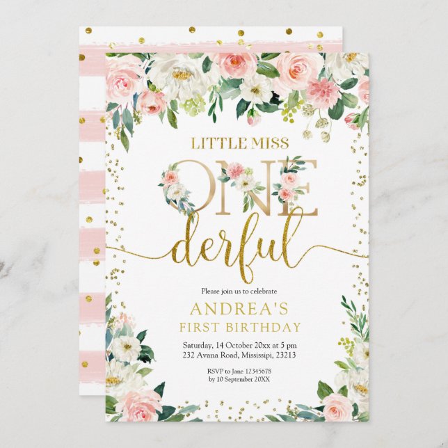 Inbjudan till Blommigt för Rosa, lille miss Oneder (Fram/baksida)