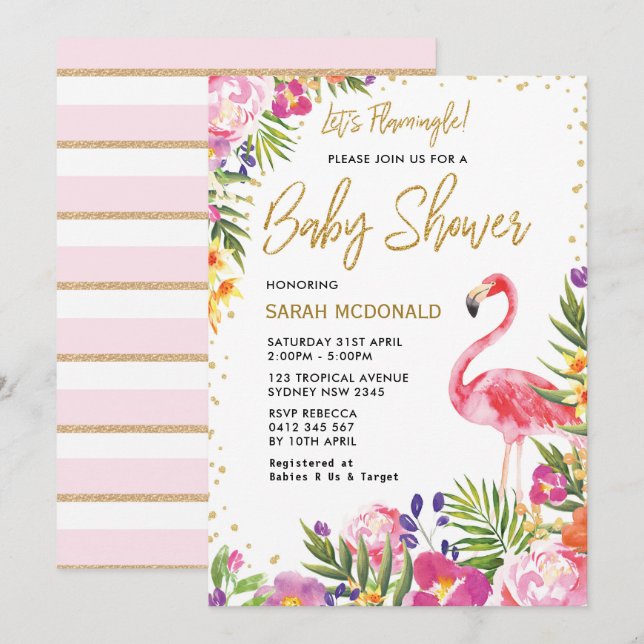Inbjudan till Blommigt för Tropical Flamingo Baby  (Fram/baksida)