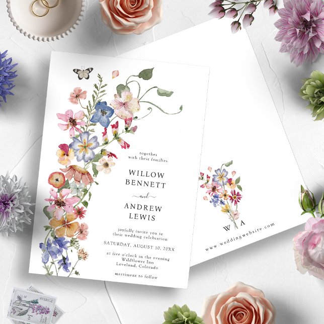 Inbjudan till Blommigt för vattenfärg Färgfläcksbr (Colorful Wildflower Wedding Invitation by Painted Paperie)