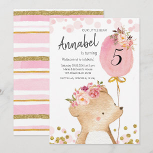 Inbjudan till blommigt Girl Bear Birthday