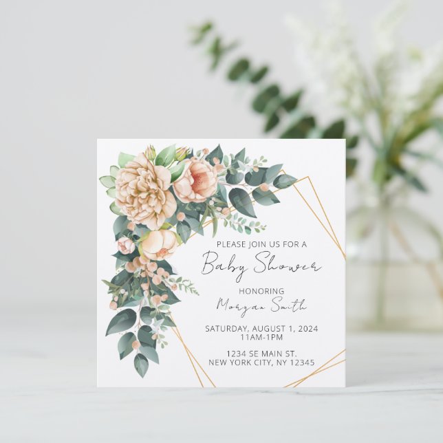 Inbjudan till blommigt Greenery Geometric Baby Sho (Stående Fram)
