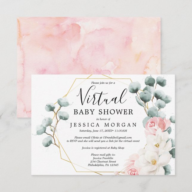 Inbjudan till blommigt Grey Virtuell Baby Shower (Fram/baksida)