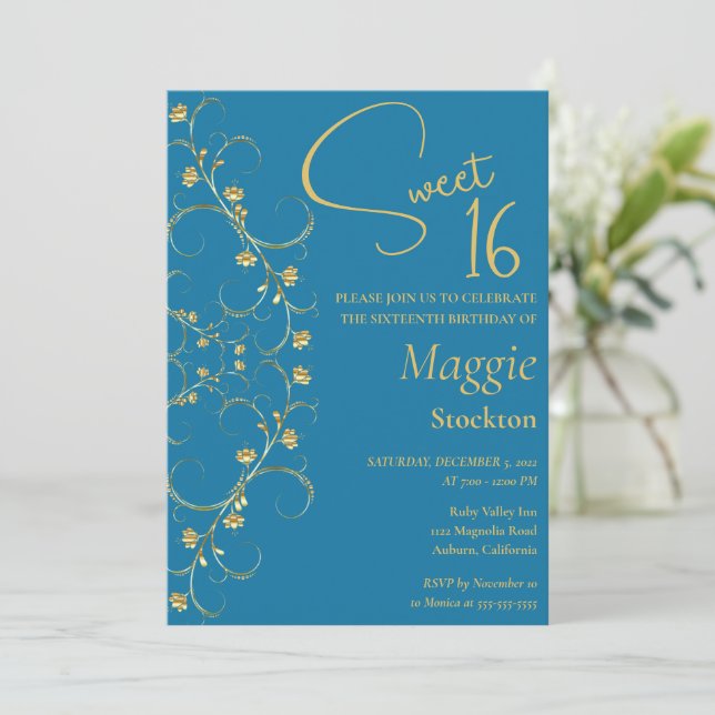 Inbjudan till blommigt Guld Gräns Sweet 16 (Stående Fram)