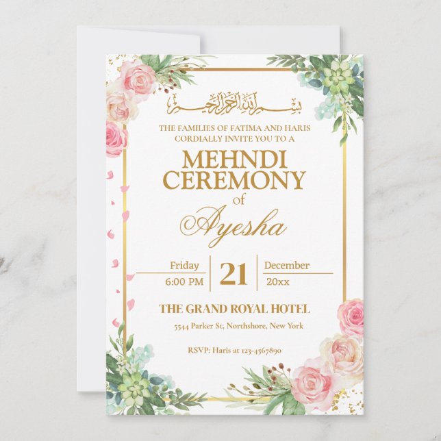 Inbjudan till blommigt Guld Islamic Bröllop Mehndi (Framsida)