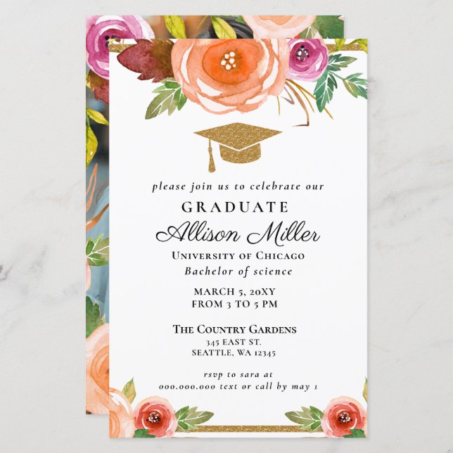 Inbjudan till Blommigt Guld Photo Studenten (Fram/baksida)