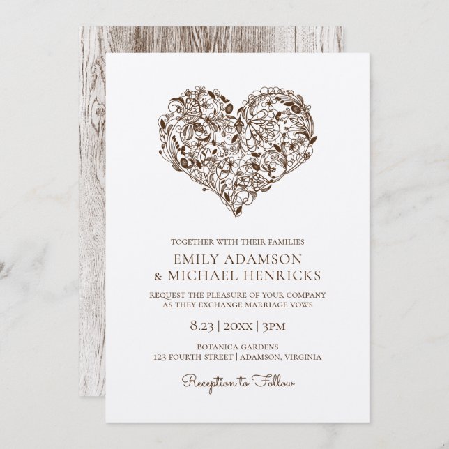 Inbjudan till blommigt Heart-bröllop | Brown Kraft (Fram/baksida)