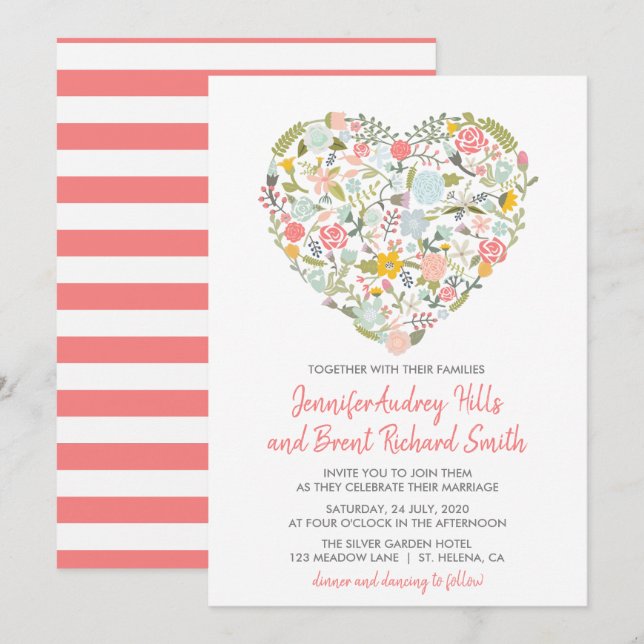 Inbjudan till blommigt Heart Vår bröllop (Fram/baksida)