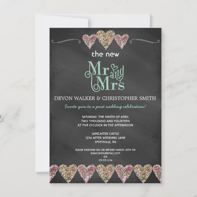 Inbjudan till Blommigt Hearts Chalkboard Post Wedd (Framsida)