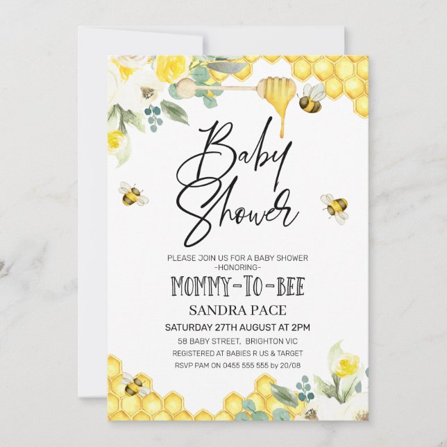 Inbjudan till blommigt Humla Theter Baby Shower (Framsida)