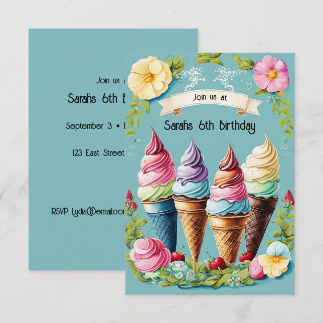 Inbjudan till blommigt Ice Cream Delight (Fram/baksida)