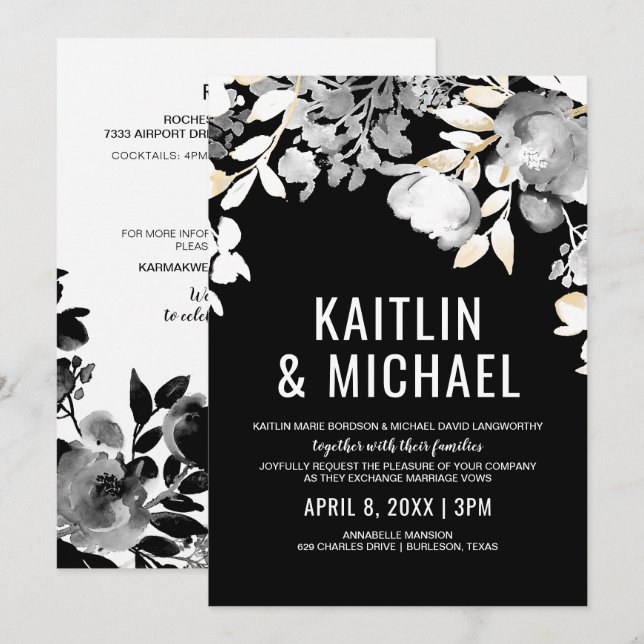 Inbjudan till blommigt kvällsbröllop (Black & Guld (Fram/baksida)