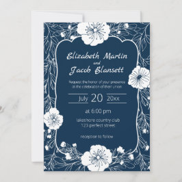 Inbjudan till blommigt Line Art White och Blue Wed