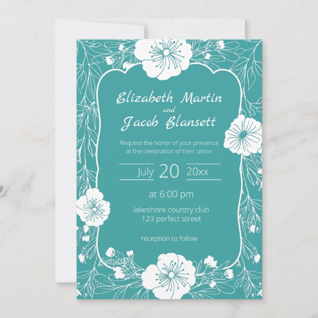 Inbjudan till blommigt Line Art White och Teal Wed (Framsida)