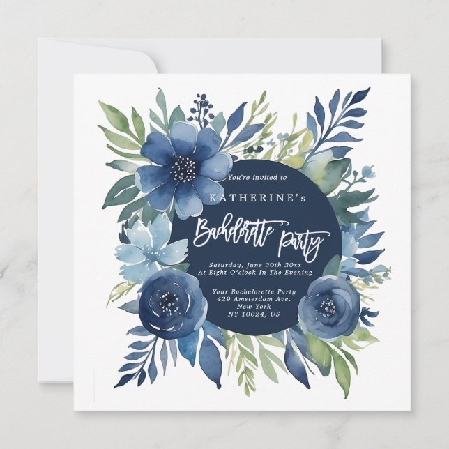 Inbjudan till blommigt Navy Blue Bachelorette-part (Framsida)