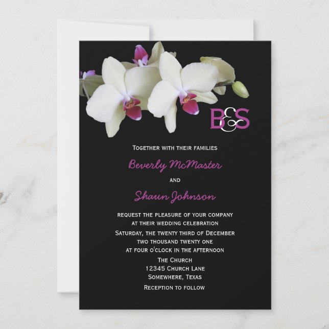Inbjudan till blommigt Orchid Wedding med monogram (Framsida)