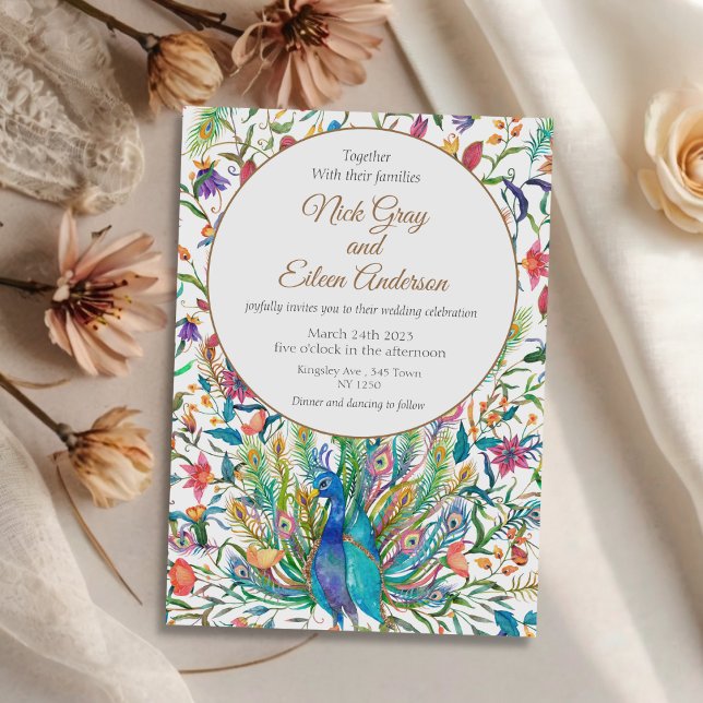 Inbjudan till blommigt Peacock & Feather Wedding (Floral Peacock Feather Wedding Invite)