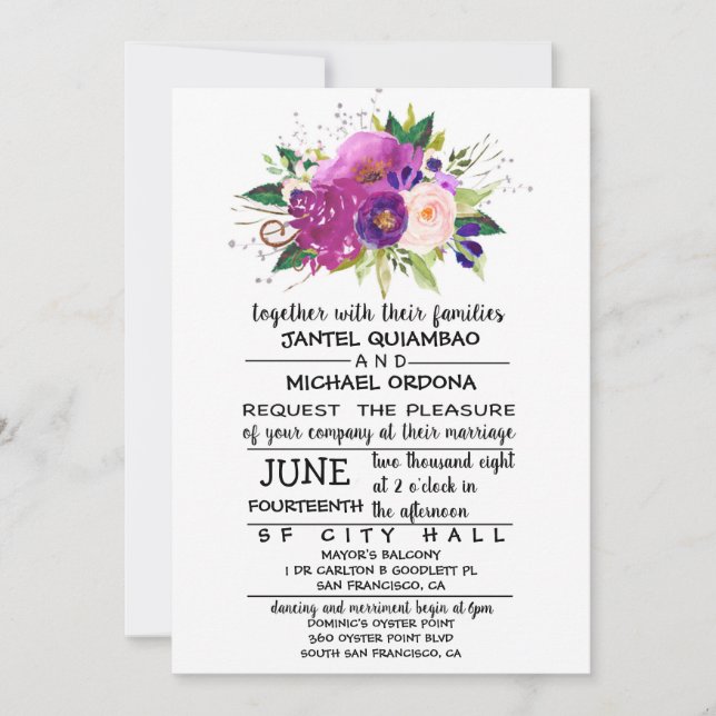 Inbjudan till blommigt Plum Watercolor Wedding (Framsida)
