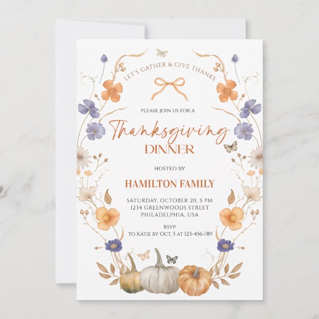 Inbjudan till blommigt Pumpkin-Thanksgiving på mid (Framsida)