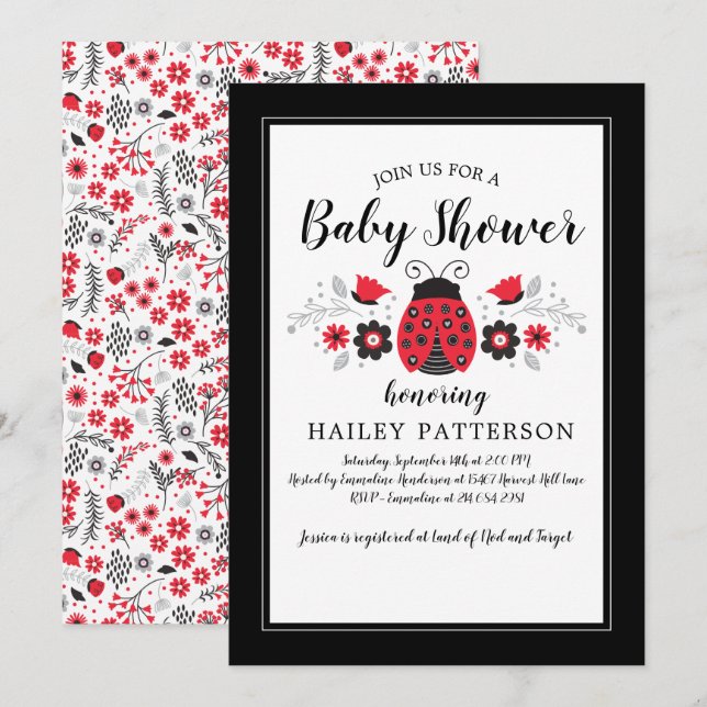 Inbjudan till blommigt Red Ladybug Baby Shower (Fram/baksida)