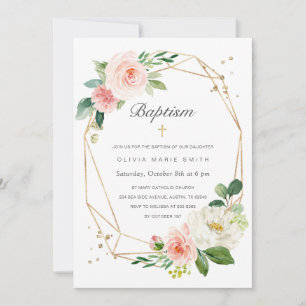Inbjudan till blommigt Rosa Guld Baptism för flic