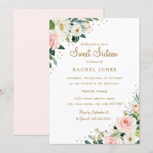 Inbjudan till Blommigt  Rosa Guld Sweet sixteen