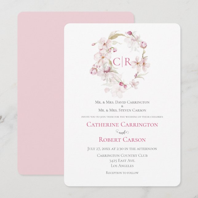 Inbjudan till blommigt Rosa Watercolor Wedding (Fram/baksida)