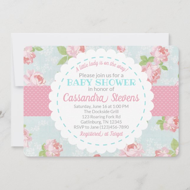 Inbjudan till blommigt Shabby chic Baby Shower (Framsida)