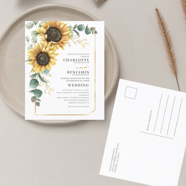 Inbjudan till blommigt Solros Eucalyptus Wedding (Floral Sunflower Eucalyptus Watercolor Wedding Invitation Postcard)