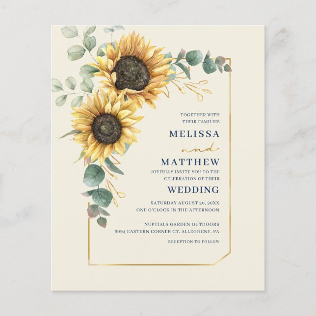Inbjudan till blommigt Solros Eucalyptus Wedding (Framsida)