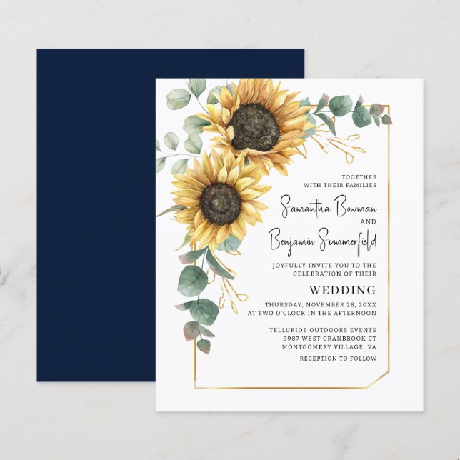 Inbjudan till blommigt Solros Eucalyptus Wedding (Fram/baksida)