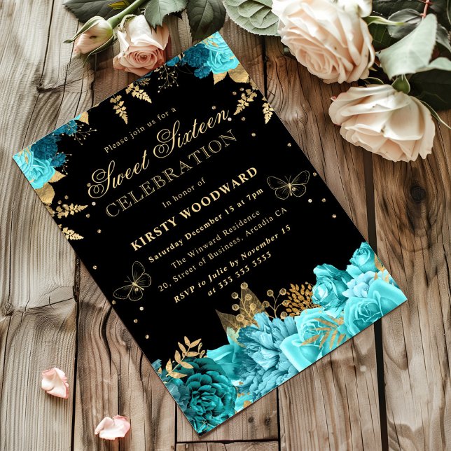 Inbjudan till Blommigt Sweet sixteen för Teal och  (Skapare uppladdad)
