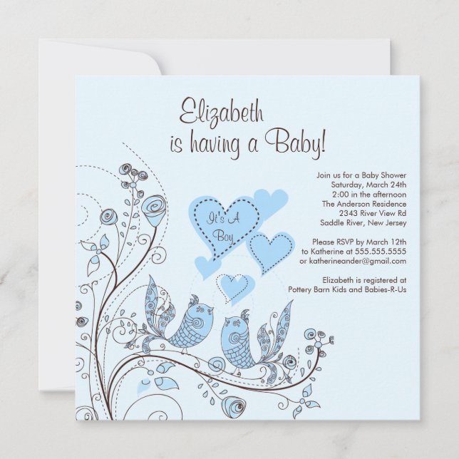 Inbjudan till Blommigt Träd Birds Boy Baby Shower (Framsida)