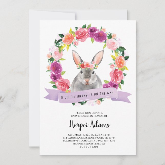 Inbjudan till blommigt Vår Bunny Baby Shower (Framsida)