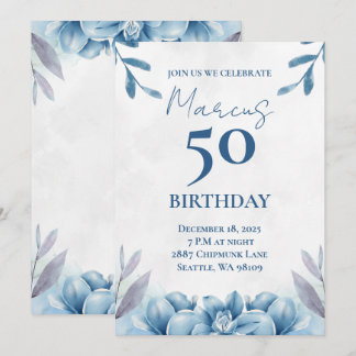 Inbjudan till blommigt Vit och blå 50:e födelsedag