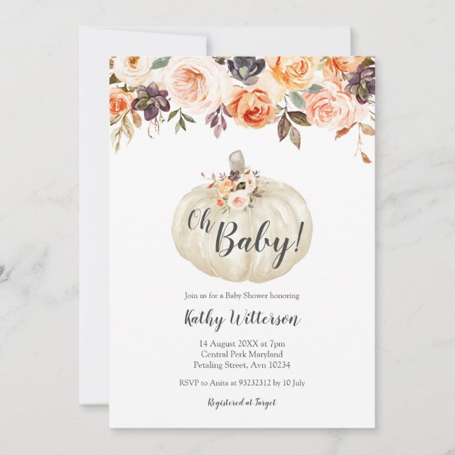 Inbjudan till blommigt Vita Pumpkin Baby Shower (Framsida)