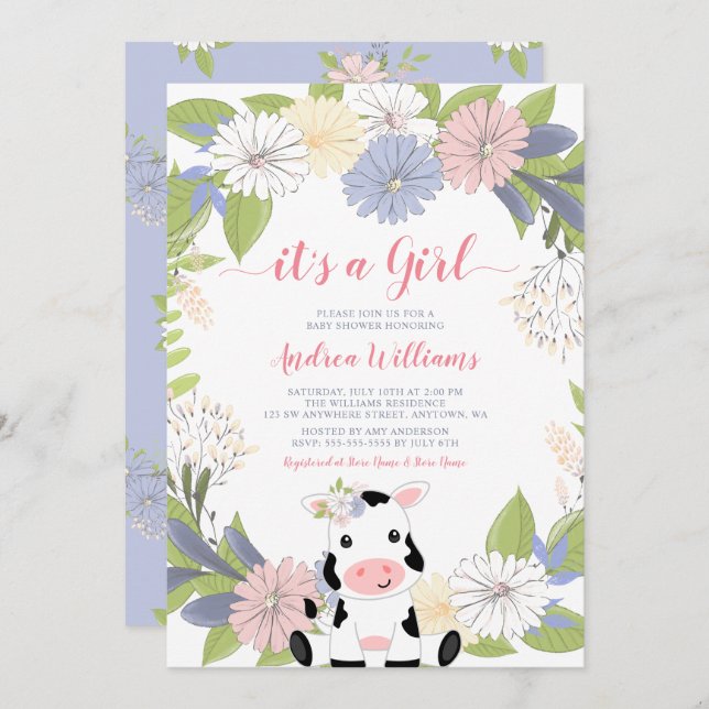 Inbjudan till blommigt WandeCow Girl Baby Shower (Fram/baksida)
