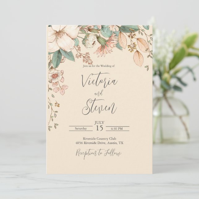 Inbjudan till blommigt Watercolor Rustic Script We (Stående Fram)