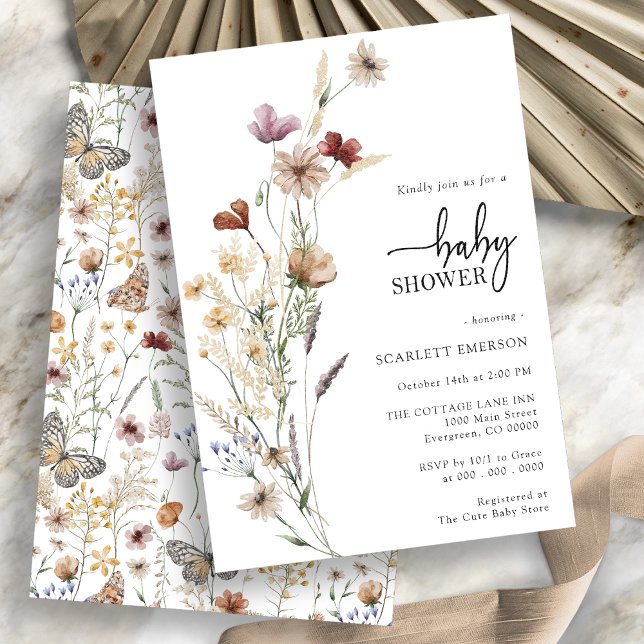 Inbjudan till blommigt White Baby Shower (Boho Wildflower Floral Baby Shower Invitation on white background by painted Paperie
)