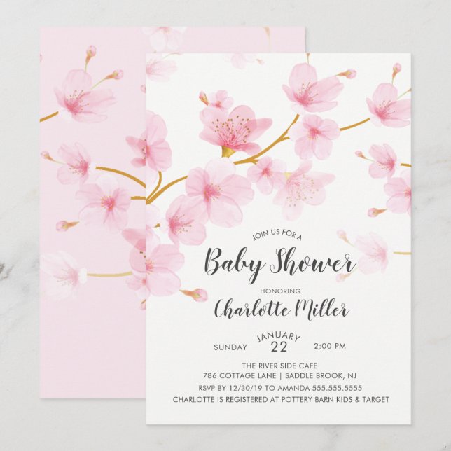 Inbjudan till Blommigten Baby Shower för Cherry Bl (Fram/baksida)