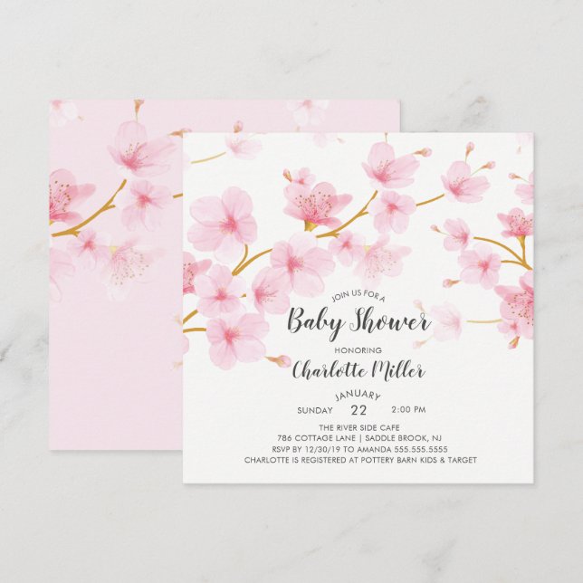 Inbjudan till Blommigten Baby Shower för Cherry Bl (Fram/baksida)