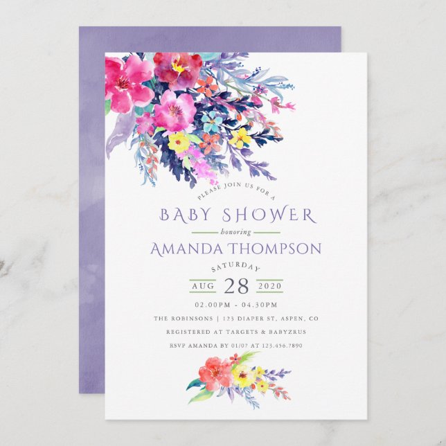 Inbjudan till Blommigten Baby Shower för färgvatte (Fram/baksida)