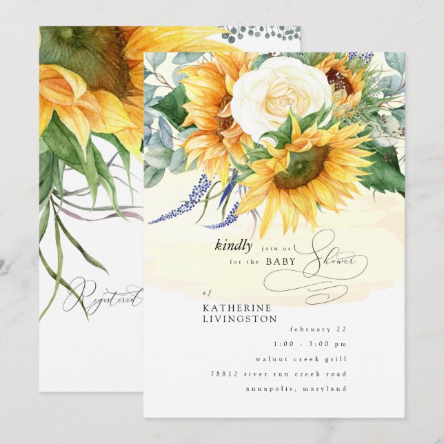 Inbjudan till Blommigten Baby Shower för gult Stän (Fram/baksida)