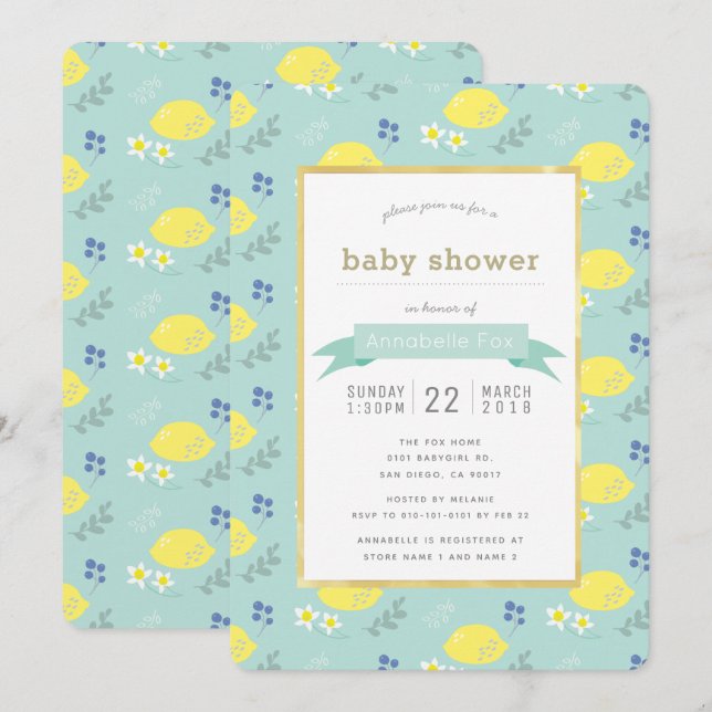 Inbjudan till Blommigten Baby Shower för Mint Grön (Fram/baksida)