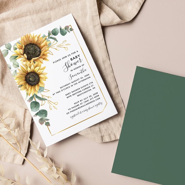 Inbjudan till Blommigten Babykläder för solros (Sunflower Greenery Foliage Baby Shower Invitation)