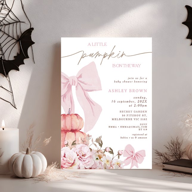 Inbjudan till Blommigten Babykläder i Coquette Ros (Editable Pink Bow Pumpkin Girl Baby Shower Invitation, Little Pumpkin Baby Shower Invitation Girl)