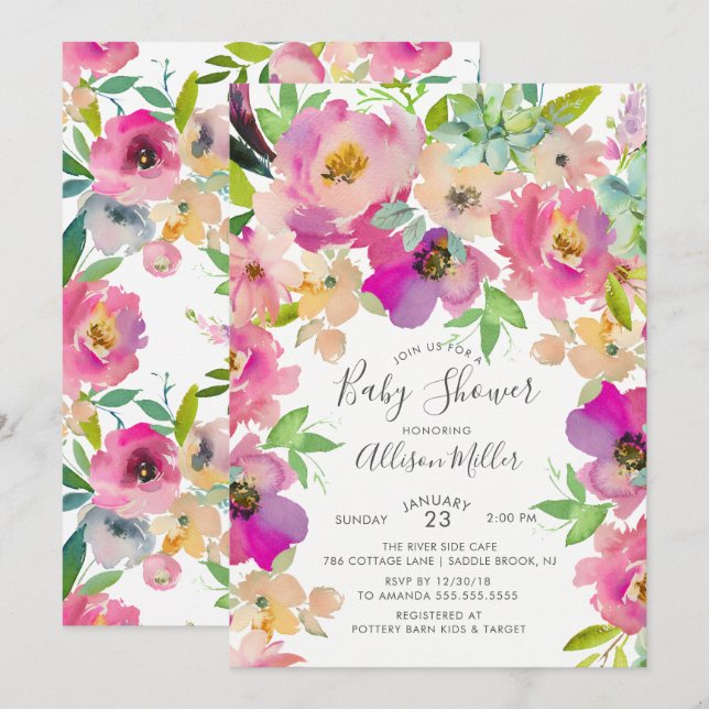 Inbjudan till Blommigten Babykläder med färgfulla  (Fram/baksida)