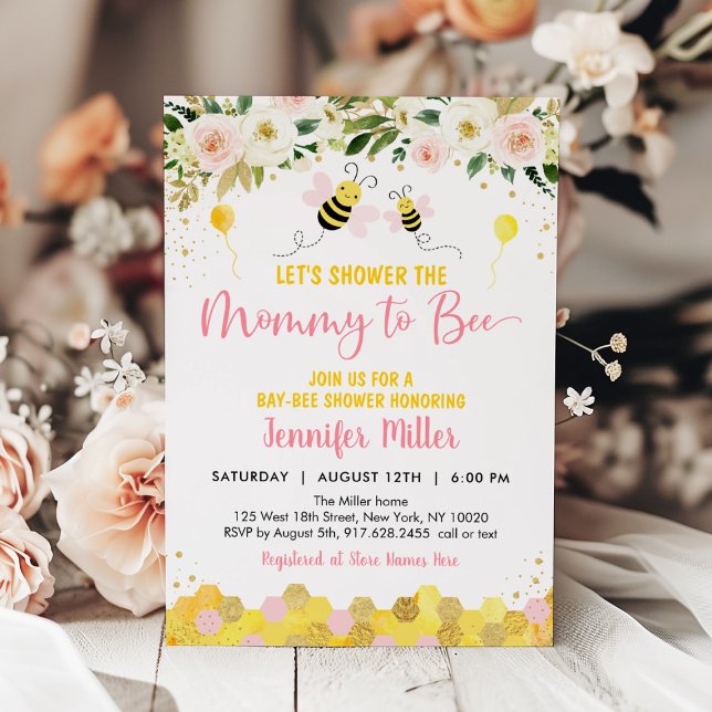 Inbjudan till Blommigten Bee Baby Shower för rosa- (Skapare uppladdad)