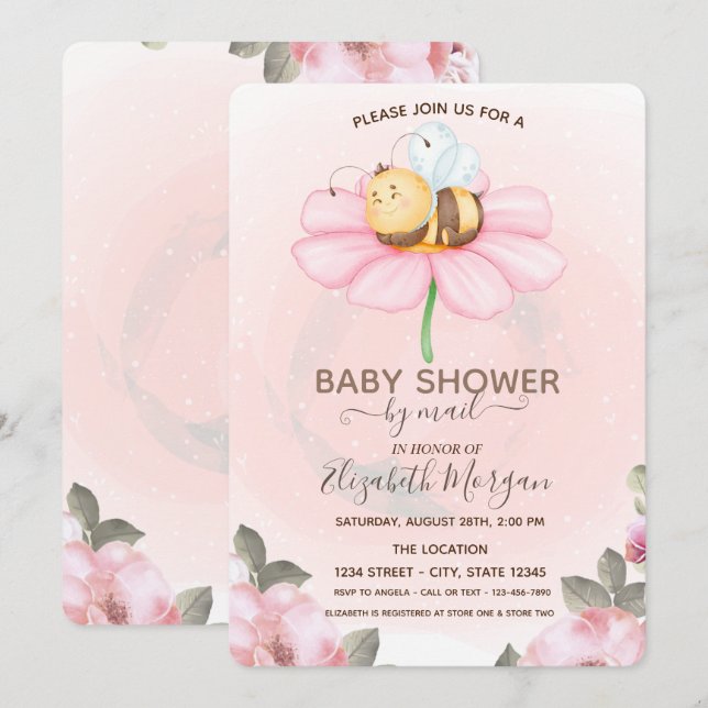 Inbjudan till Blommigten Bee Baby Shower i baby (Fram/baksida)